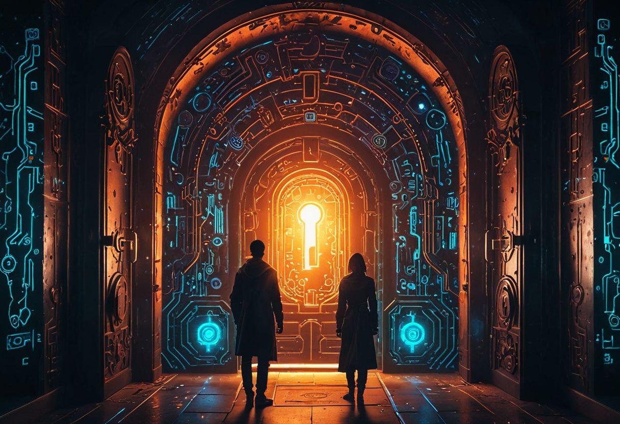 A mysterious, ancient key unlocking a glowing, futuristic digital lock amidst a backdrop of interconnected web elements like icons, codes, and screens; a silhouette of a person peeking through the open lock revealing hidden pathways of the internet. vibrant colors. cyberpunk. super-realistic.