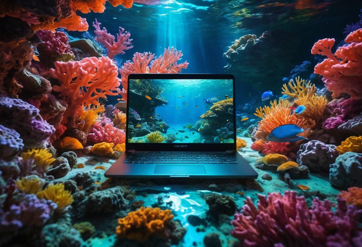 A mystical underwater world with a luminous laptop submerged among colorful coral reefs, symbolizing deep, hidden knowledge. The screen displays lines of code and blog posts with sparkling, flowing digital letters. A curious diver with a headlamp explores the scene, uncovering secrets. ethereal glow. super-realistic. vibrant colors.