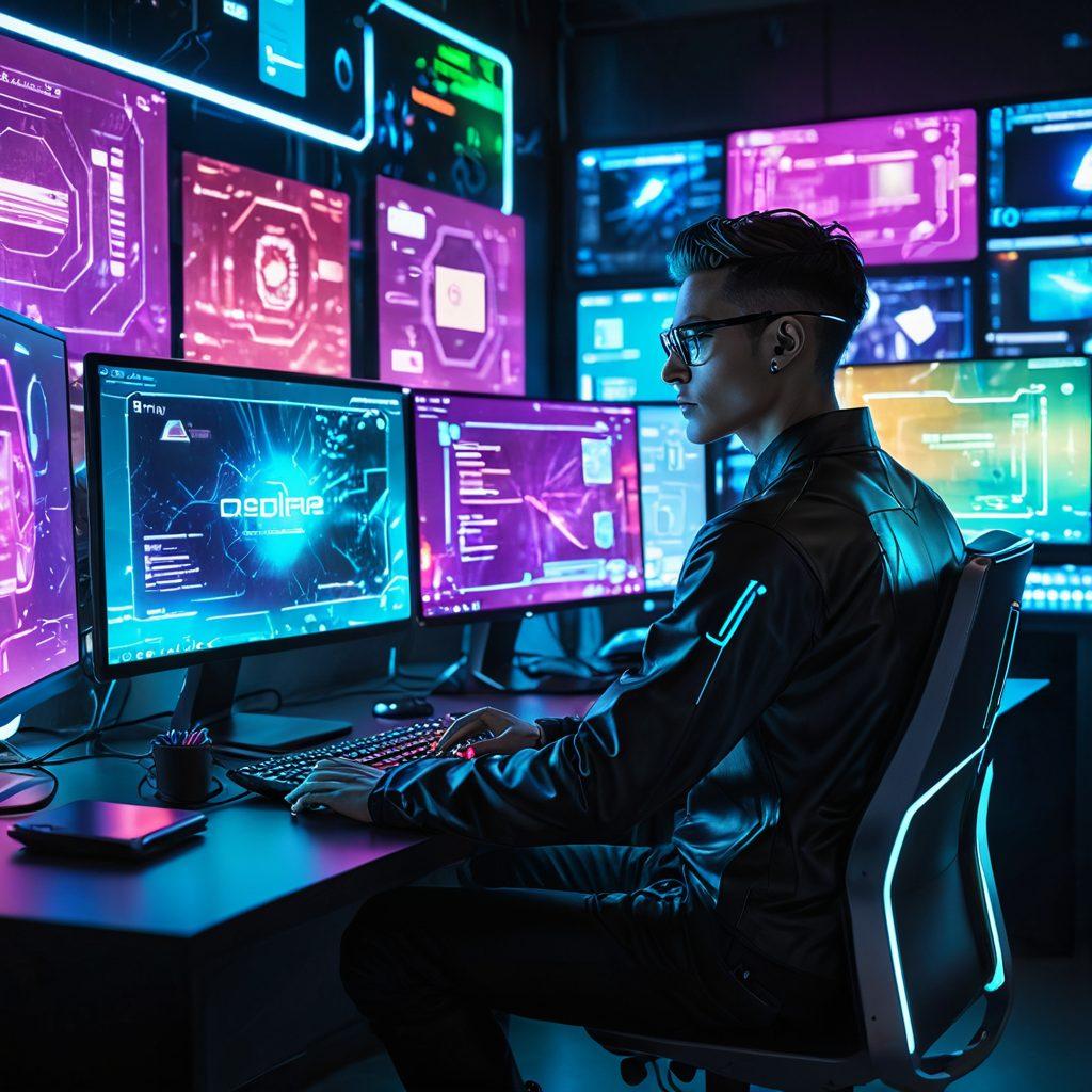 An image of a tech-savvy person at a futuristic computer, surrounded by holographic screens displaying various online tools and tips. The scene is set in a sleek and modern environment with bright, vibrant colors. The person looks confident and in control, with wisps of digital data swirling around. cyberpunk. vibrant colors. futuristic.